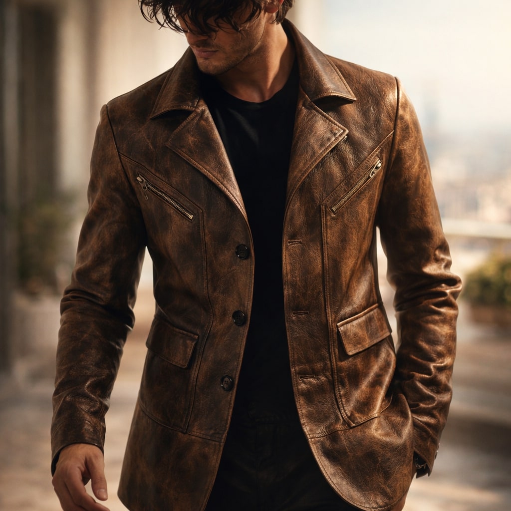 Manteau homme structuré cuir empiècements marron élégant