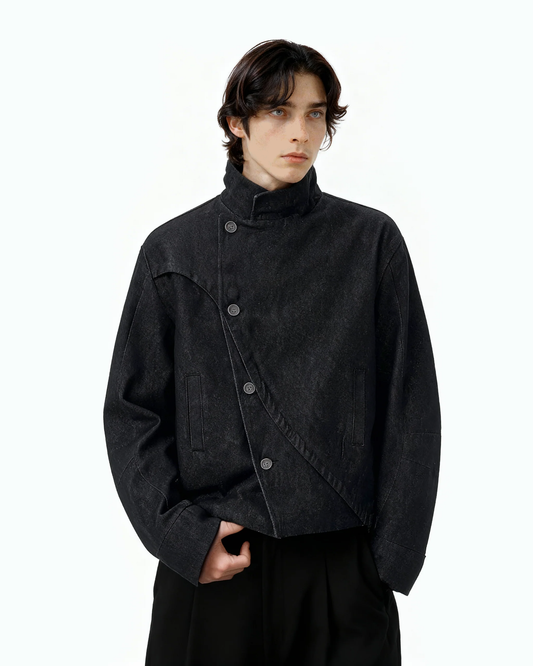 Veste en jean homme asymétrique col montant structuré