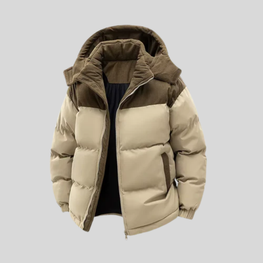 Zweifarbige Herren-Daunenjacke mit Kapuze für den Winter