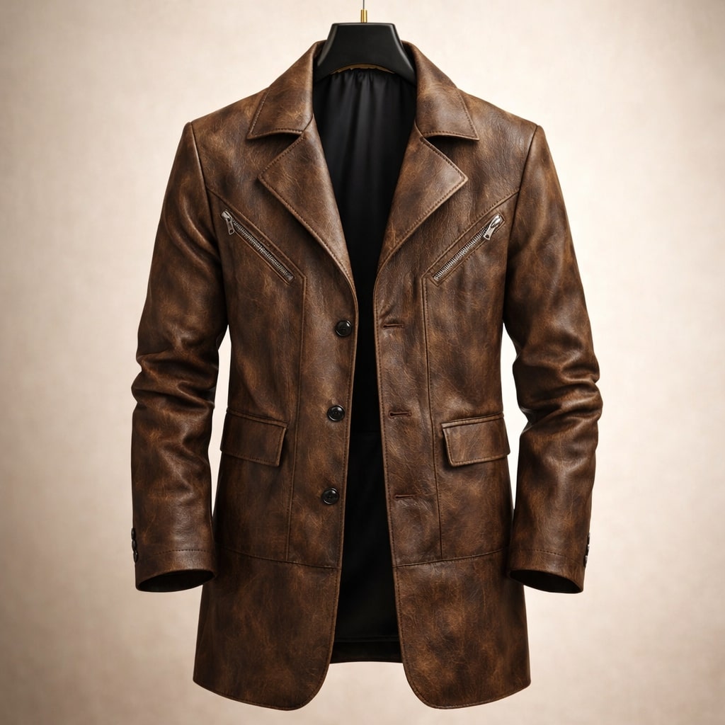 Manteau homme structuré cuir empiècements marron élégant