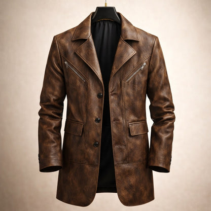 Manteau homme structuré cuir empiècements marron élégant