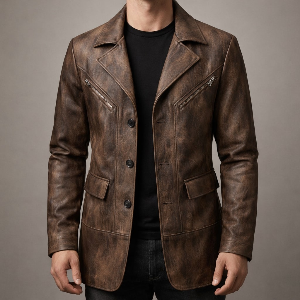 Manteau homme structuré cuir empiècements marron élégant