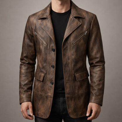 Manteau homme structuré cuir empiècements marron élégant
