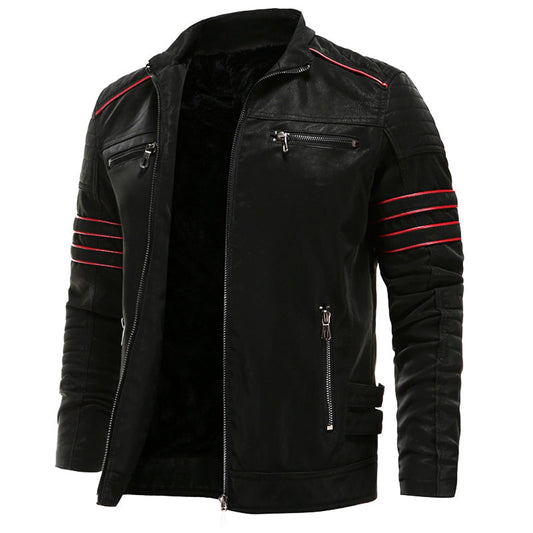 Veste homme en cuir zippée rayures rouges audacieuses