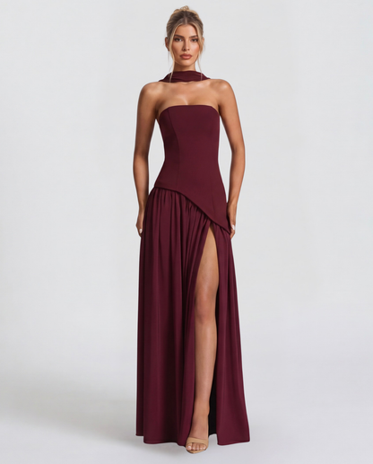 Robe Maxi Aura Radiant – Bustier, Foulard et Fente Haute