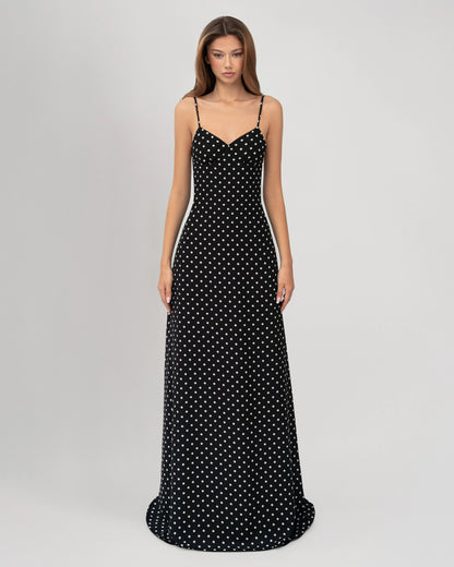 Robe Maxi Midnight Muse à Pois – Satin et Foulard Assorti