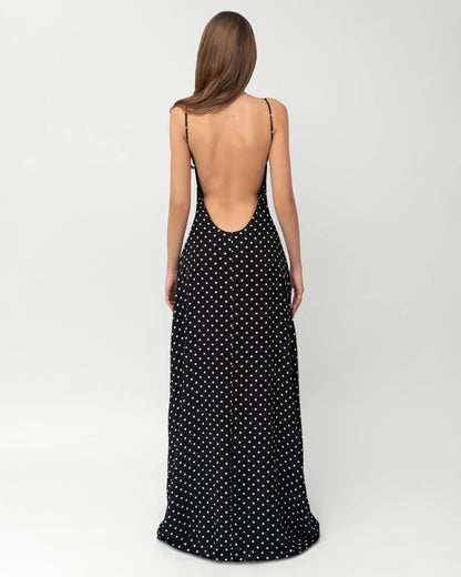 Robe Maxi Midnight Muse à Pois – Satin et Foulard Assorti