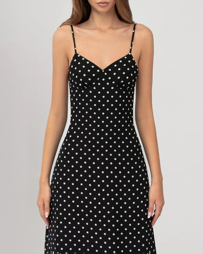 Robe Maxi Midnight Muse à Pois – Satin et Foulard Assorti