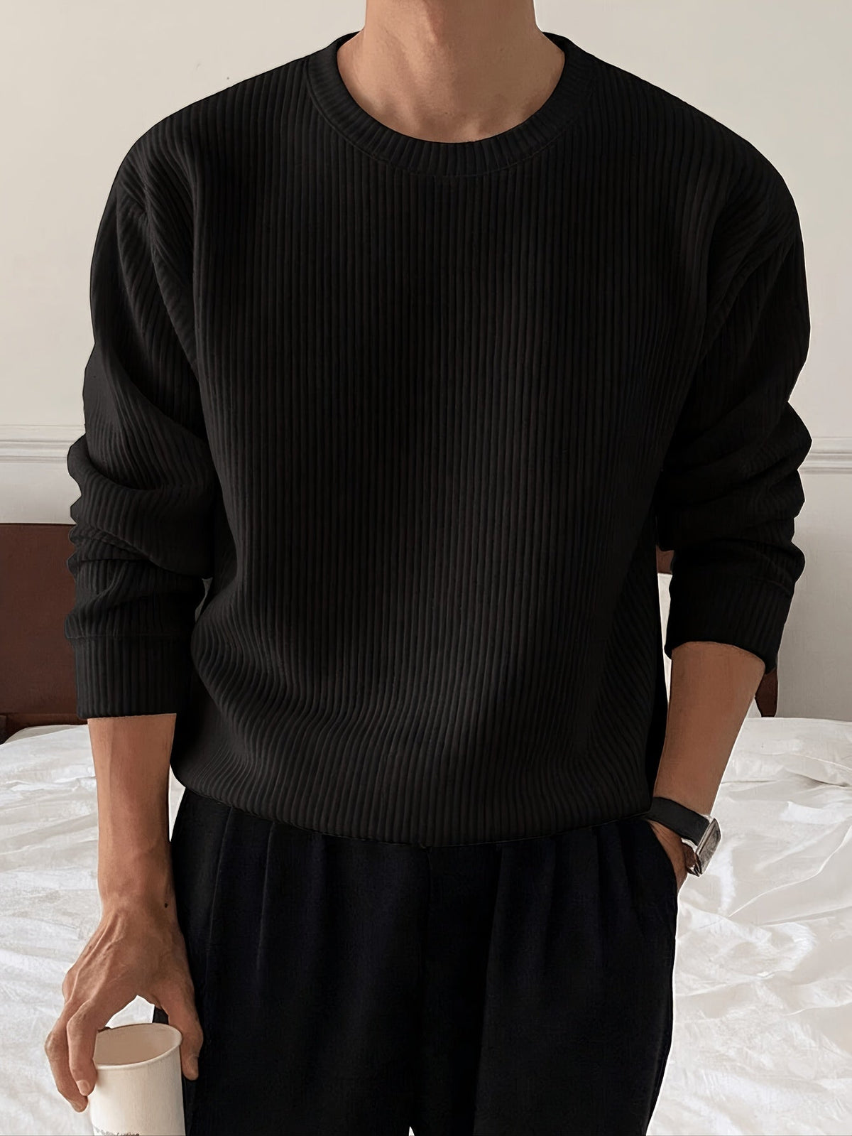 Pull homme col rond tricot côtelé coupe ample