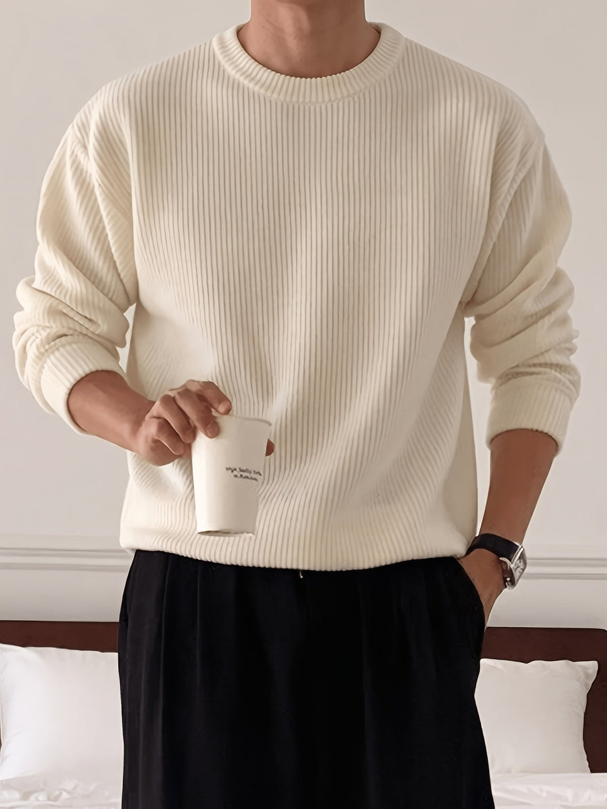 Pull homme col rond tricot côtelé coupe ample