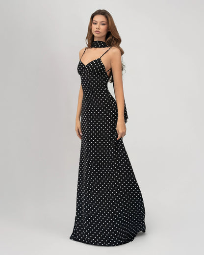 Robe Maxi Midnight Muse à Pois – Satin et Foulard Assorti