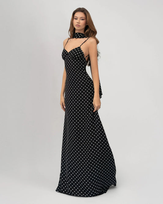Robe Maxi Midnight Muse à Pois – Satin et Foulard Assorti