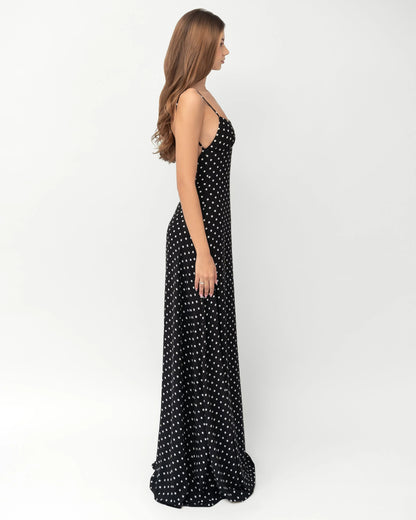 Robe Maxi Midnight Muse à Pois – Satin et Foulard Assorti