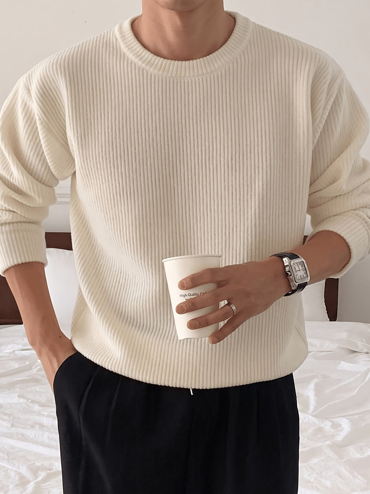 Pull homme col rond tricot côtelé coupe ample