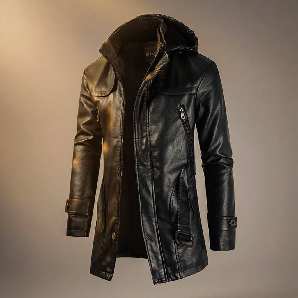 Urbanes Herren-Lederjacken-Modell mit Kapuze und Fleece-Futter