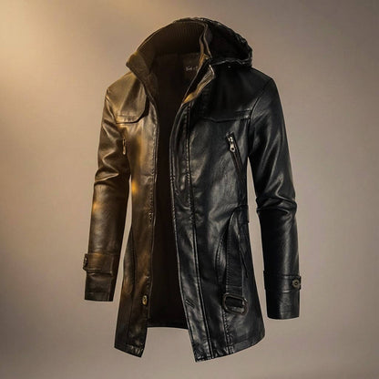 Urbanes Herren-Lederjacken-Modell mit Kapuze und Fleece-Futter