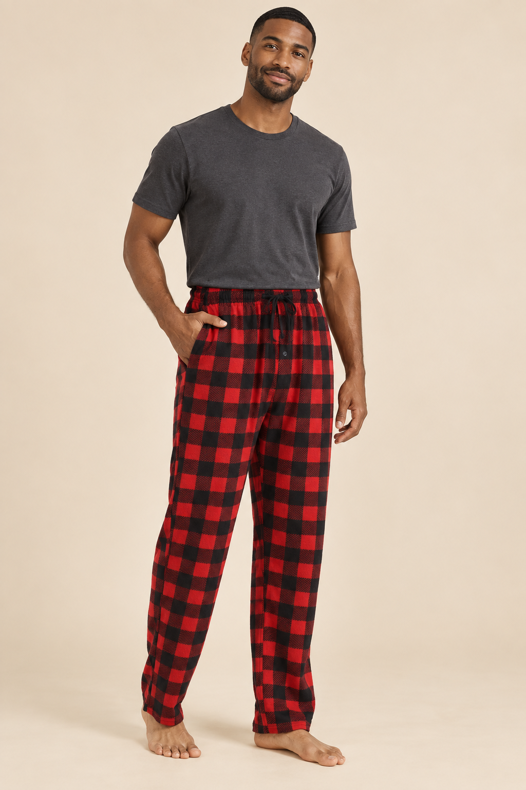 Bas de pyjama homme polaire à carreaux avec cordon