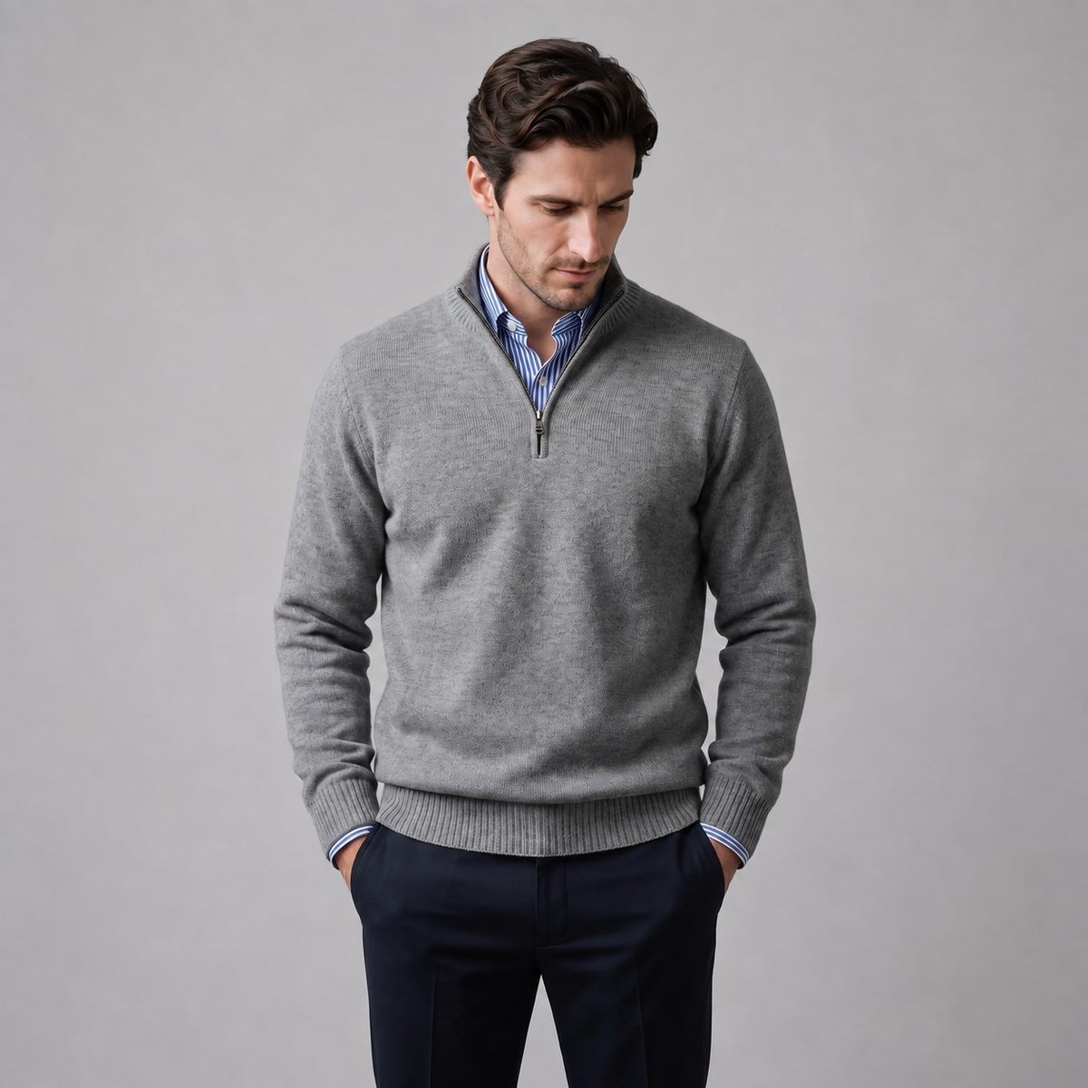 Pull homme coton col montant demi-zip respirant
