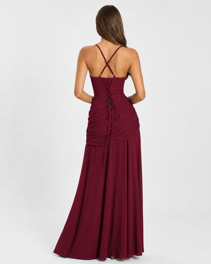 Robe Maxi Sculptée Muse – Col Carré, Lacets Dos et Drapé Hanches