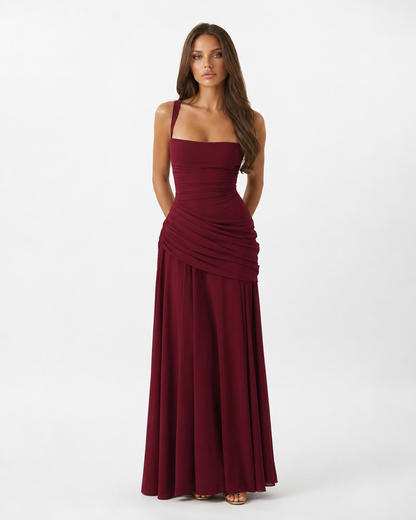Robe Maxi Sculptée Muse – Col Carré, Lacets Dos et Drapé Hanches