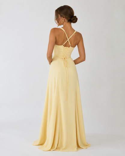 Robe Maxi Corset Golden Hour – Jupe Fluide et Lacets Dos