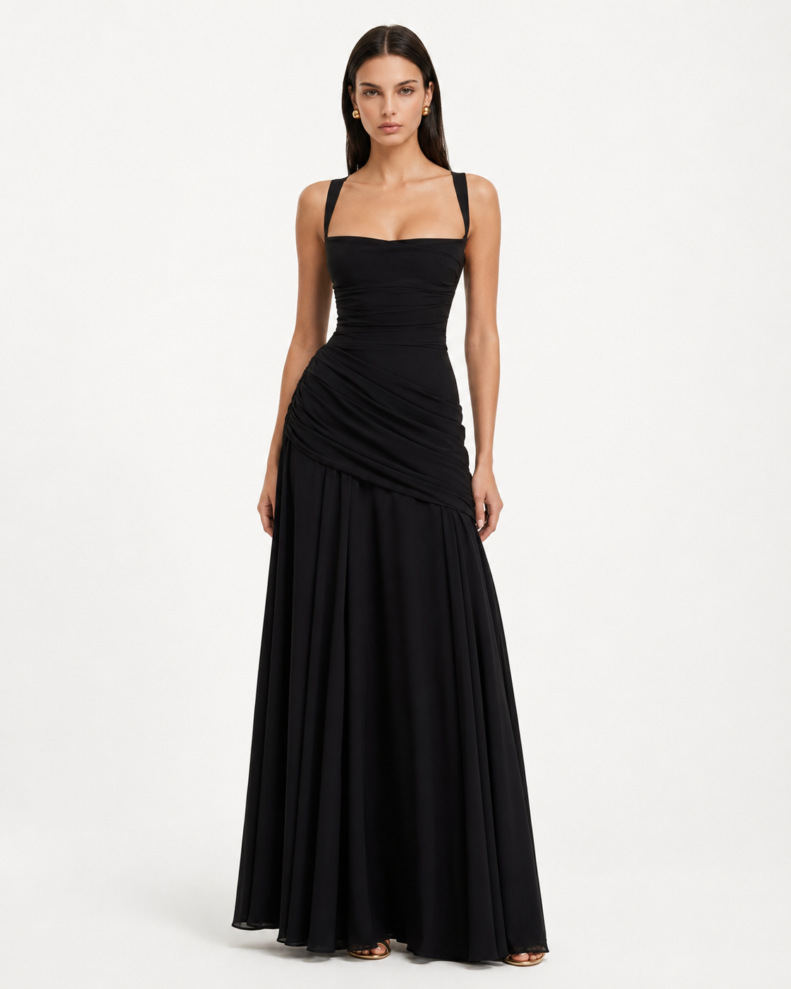 Robe Maxi Sculptée Muse – Col Carré, Lacets Dos et Drapé Hanches