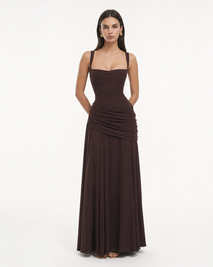 Robe Maxi Sculptée Muse – Col Carré, Lacets Dos et Drapé Hanches