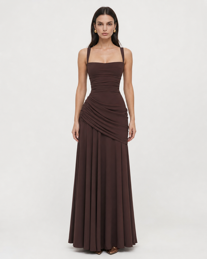 Robe Maxi Sculptée Muse – Col Carré, Lacets Dos et Drapé Hanches