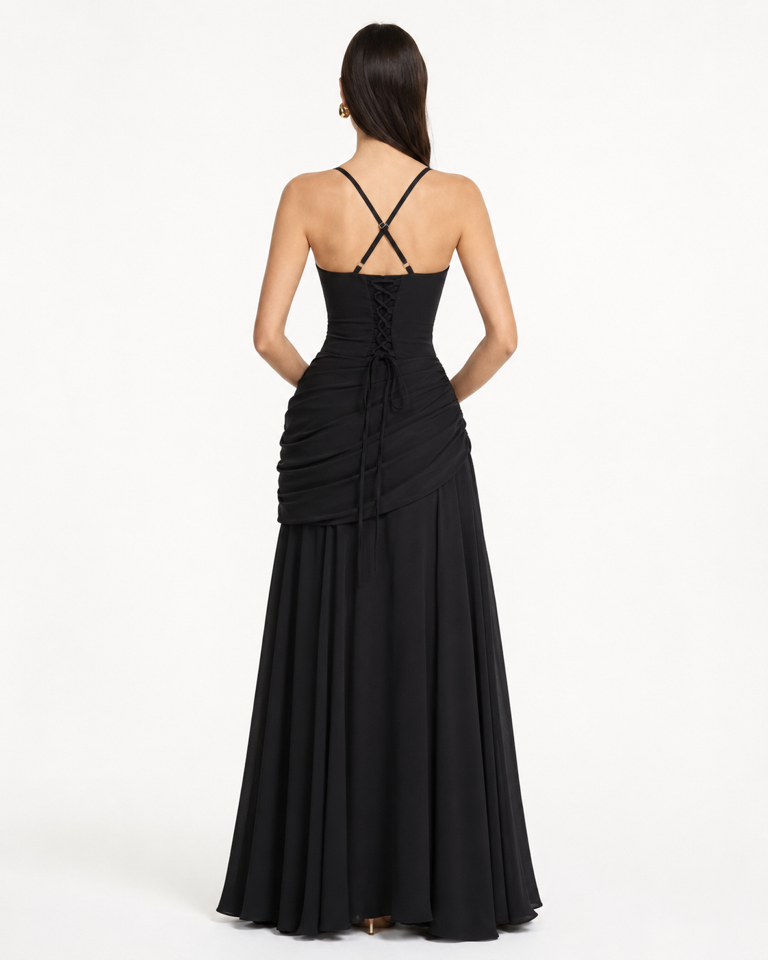 Robe Maxi Sculptée Muse – Col Carré, Lacets Dos et Drapé Hanches