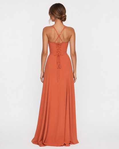 Robe Maxi Corset Golden Hour – Jupe Fluide et Lacets Dos