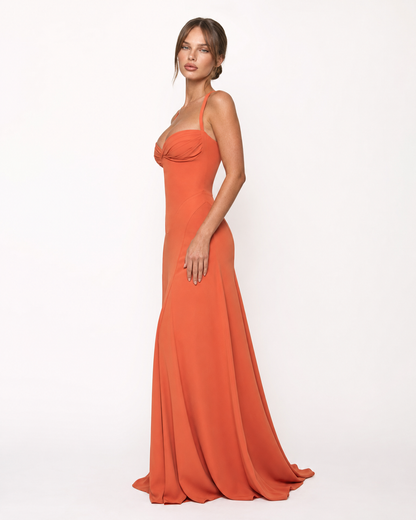 Robe Maxi Corset Golden Hour – Jupe Fluide et Lacets Dos