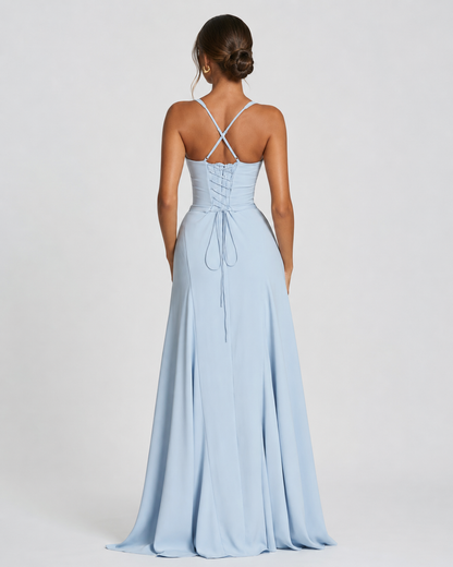 Robe Maxi Corset Golden Hour – Jupe Fluide et Lacets Dos