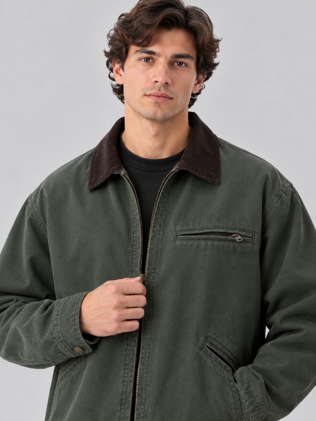 Herrenjacke aus Canvas mit Cordkragen, reguläre Passform