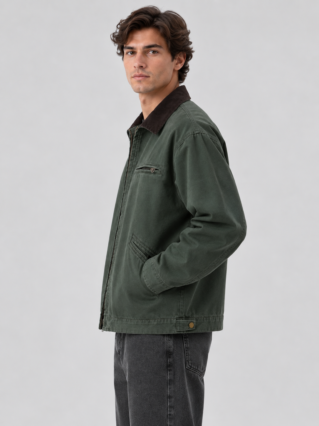 Herrenjacke aus Canvas mit Cordkragen, reguläre Passform