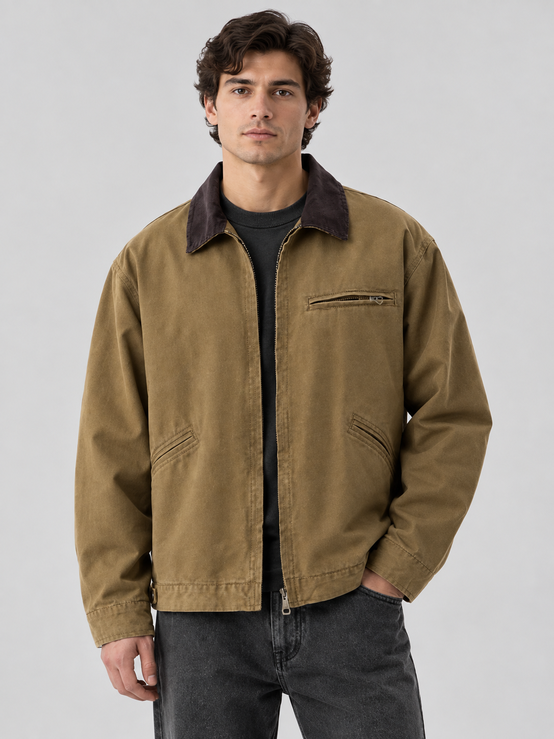 Herrenjacke aus Canvas mit Cordkragen, reguläre Passform