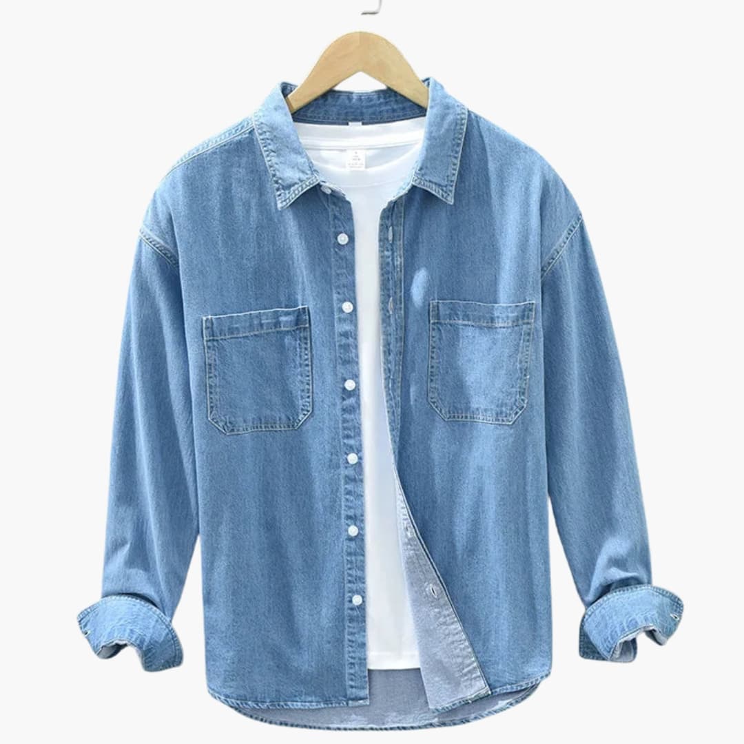 Chemise homme denim boutonnée poche poitrine unie