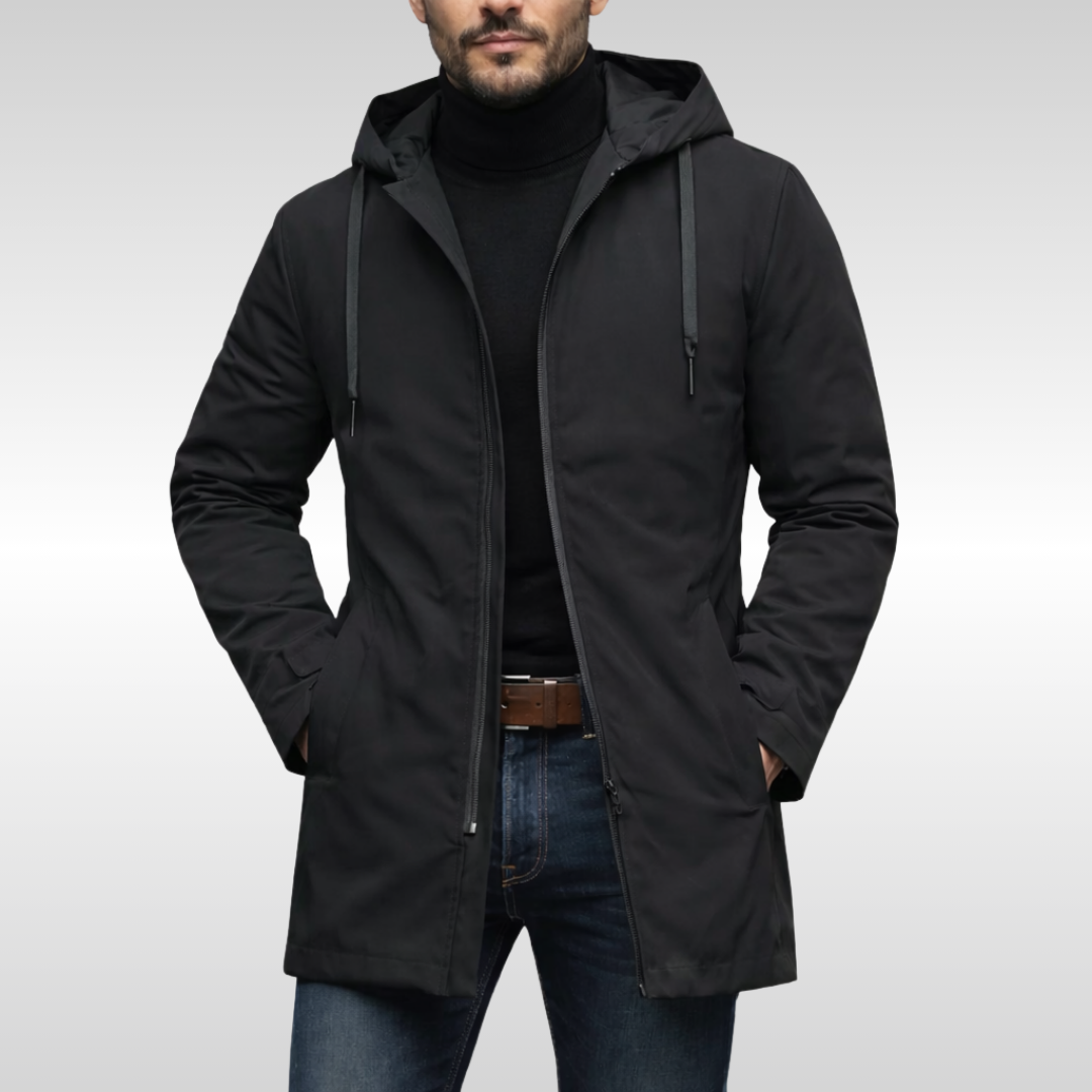 Manteau long à capuche homme fermeture éclair décontracté