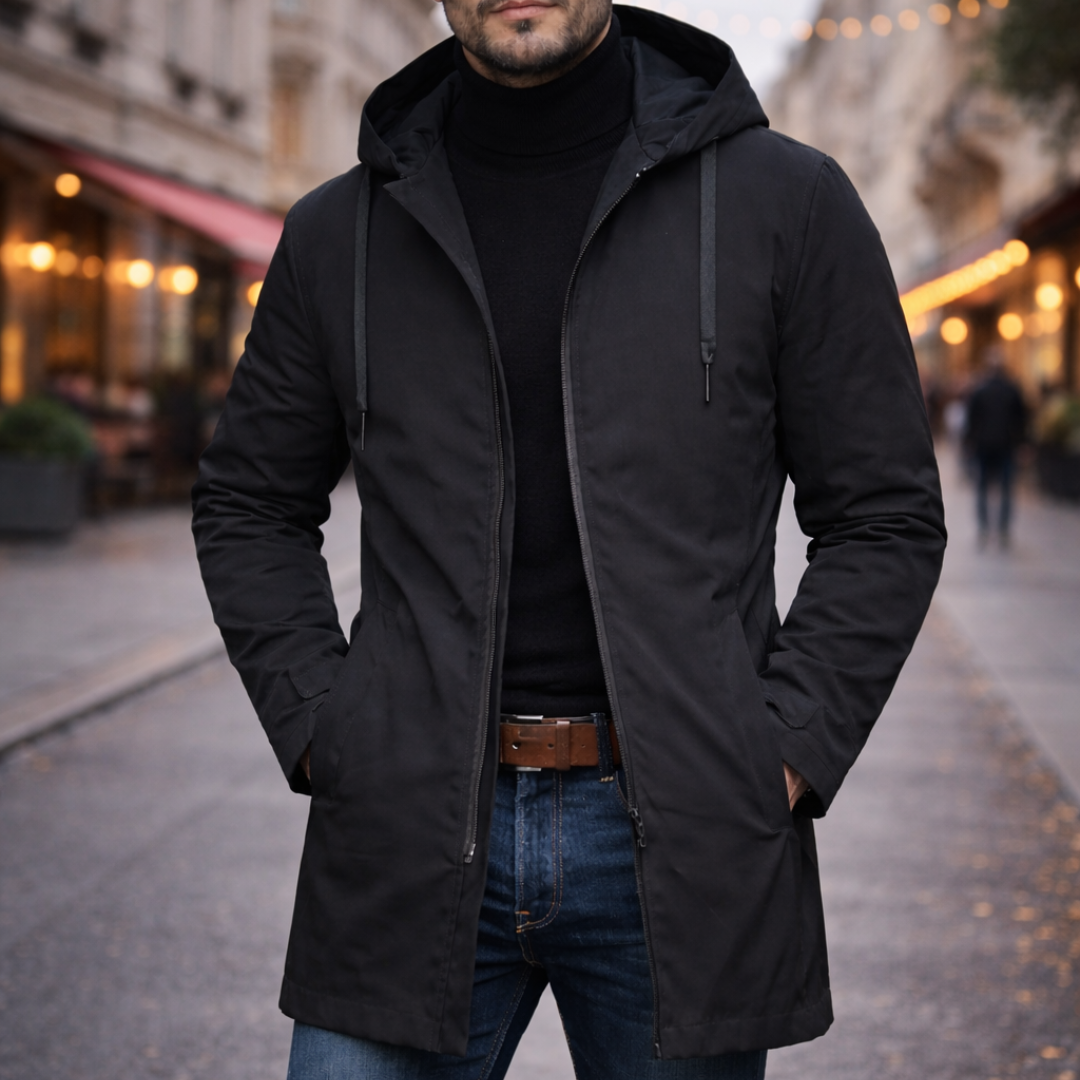 Manteau long à capuche homme fermeture éclair décontracté