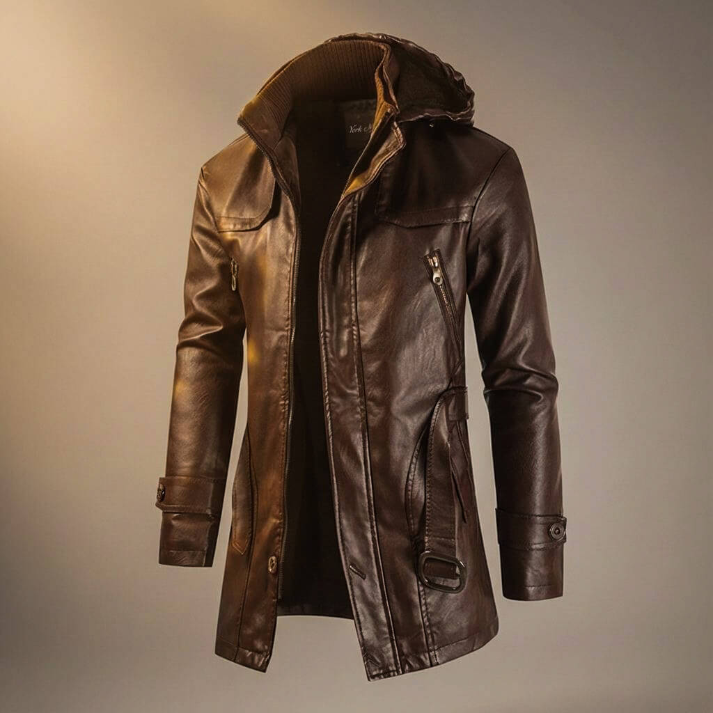Urbanes Herren-Lederjacken-Modell mit Kapuze und Fleece-Futter