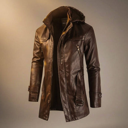Urbanes Herren-Lederjacken-Modell mit Kapuze und Fleece-Futter