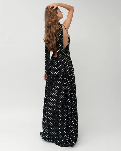 Robe Maxi Midnight Muse à Pois – Satin et Foulard Assorti