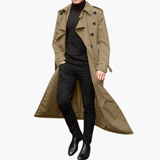 Trench-coat homme long col à revers et ceinture