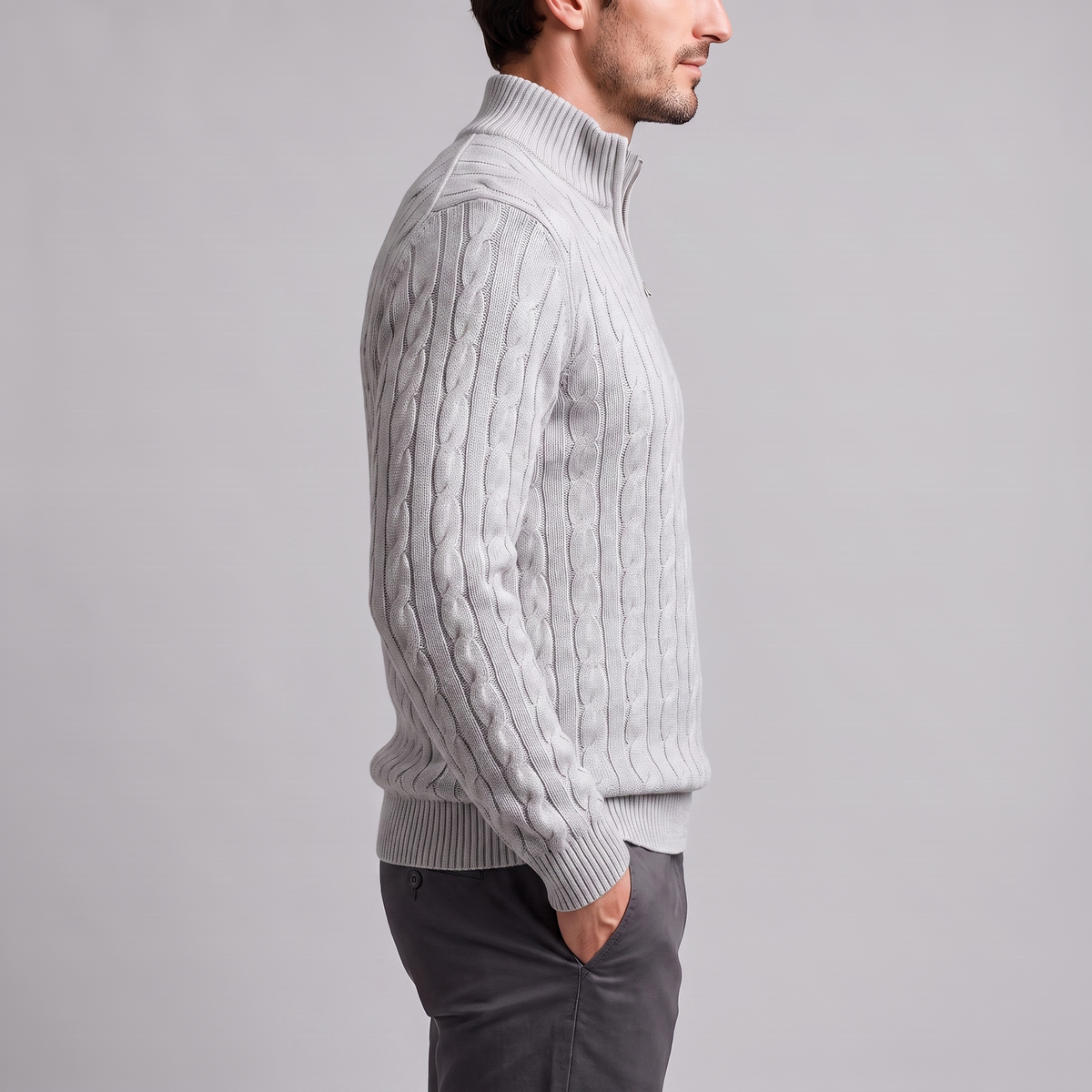 Herren-Pullover aus Baumwollstrick mit Zopfmuster und Reißverschlusskragen