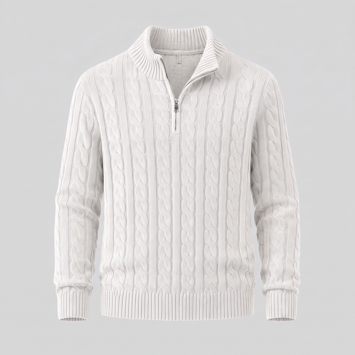 Herren-Pullover aus Baumwollstrick mit Zopfmuster und Reißverschlusskragen