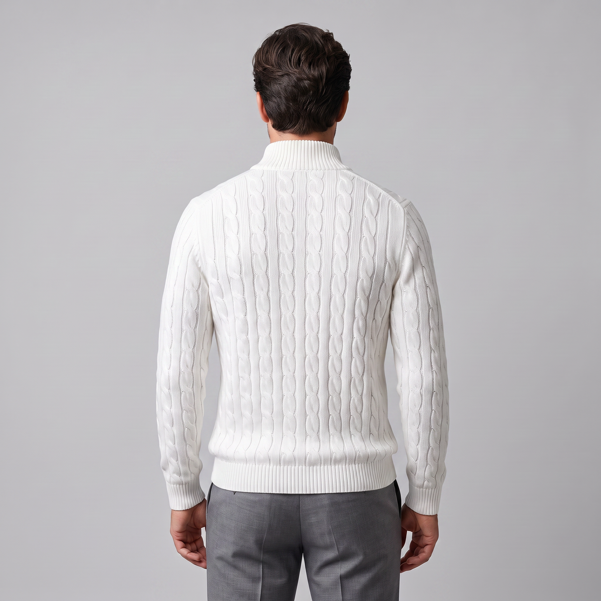 Herren-Pullover aus Baumwollstrick mit Zopfmuster und Reißverschlusskragen