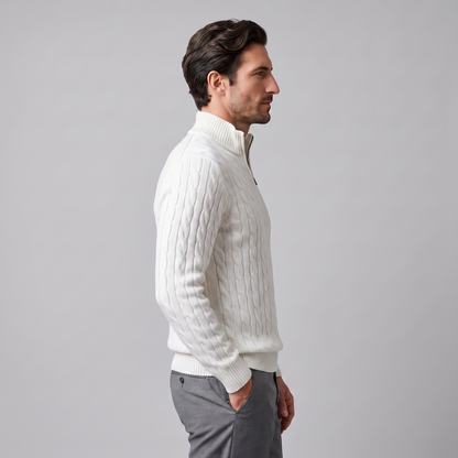 Herren-Pullover aus Baumwollstrick mit Zopfmuster und Reißverschlusskragen