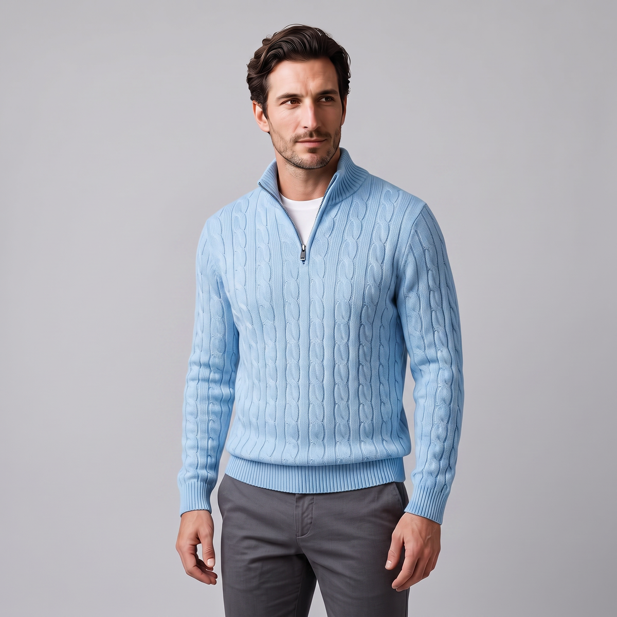 Herren-Pullover aus Baumwollstrick mit Zopfmuster und Reißverschlusskragen