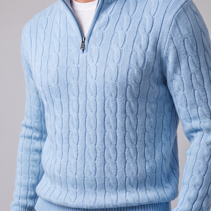 Herren-Pullover aus Baumwollstrick mit Zopfmuster und Reißverschlusskragen