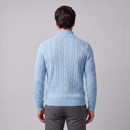 Herren-Pullover aus Baumwollstrick mit Zopfmuster und Reißverschlusskragen