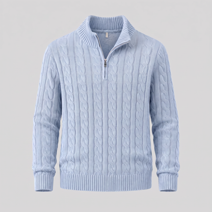 Herren-Pullover aus Baumwollstrick mit Zopfmuster und Reißverschlusskragen